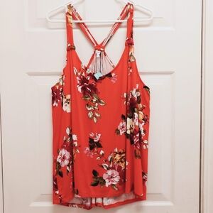 Maurices Floral Tank Top Knot Back Racerback 1X Orange Tropical Resortwear Flowy